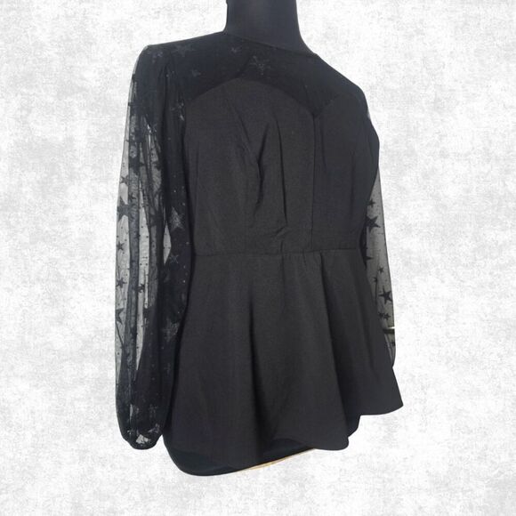 Torrid 2 Black Star Mesh Top – Celestial Sheer Long Sleeve Goth Peplum Blouse Pl - Picture 7 of 8